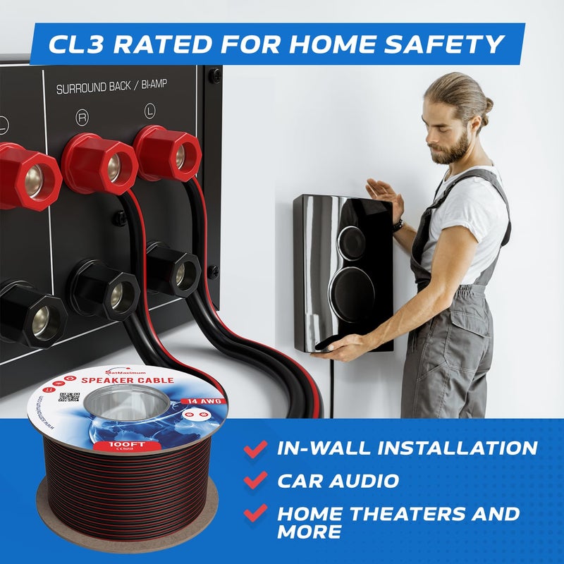 GESS Technologies CableMaestro 250FT 16AWG Speaker Wire (16/2), CL3 Rated, CCA – 2 Conductor Black/Striped Jacket Cable for Home Theater, Car Audio, Low Voltage LED Systems - Image 4